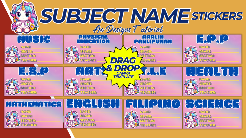 SUBJECT NAME STICKERS UNICORN TEMPLATE