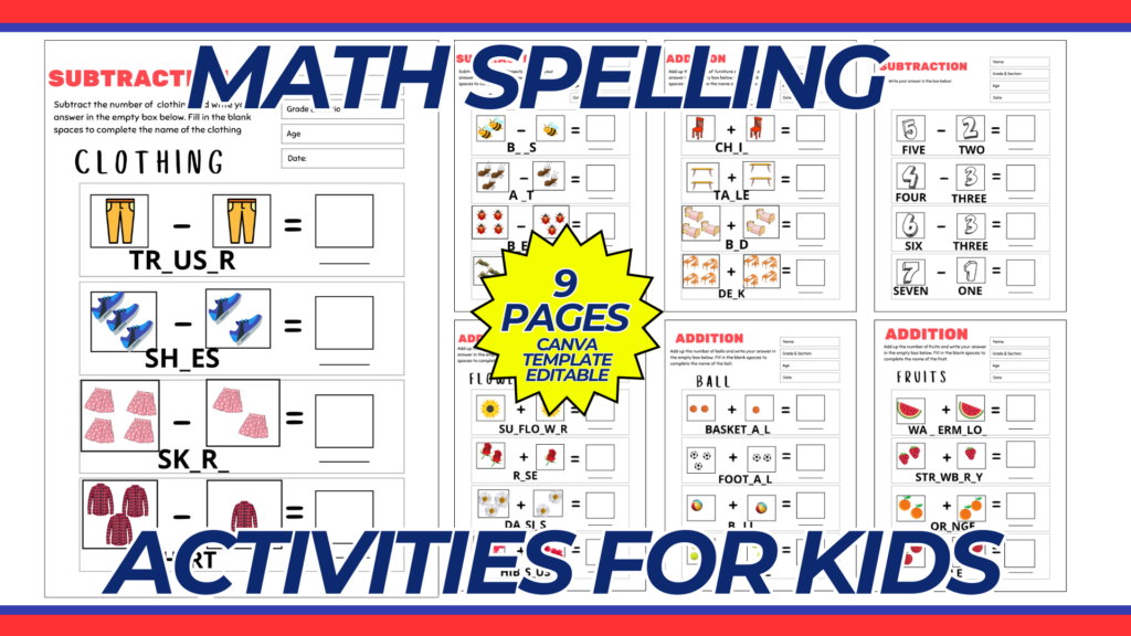 MATH SPELLING ACTIVITIES FOR KIDS CANVA TEMPLATE